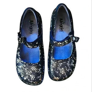 Alegria Mary Jane Shoes Leather Bella Black Gold Metallic Flats adjustable sz 38